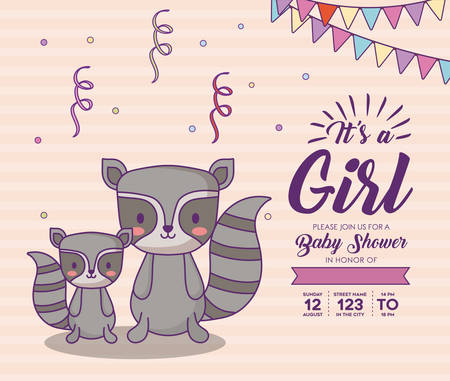 Baby shower invitation with its a girl concept with cute raccoons over pink background, colorful design. vector illustrationのイラスト素材