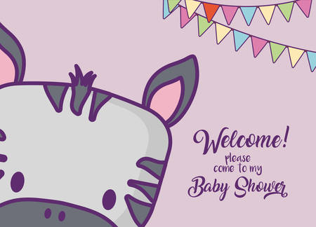 Baby shower invitation card with cute zebra icon and decorative pennants over purple background, colorful design. vector illustrationのイラスト素材