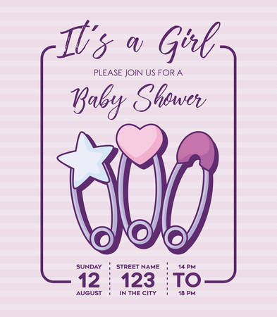 Its a girl-Baby shower invitation with baby pins icon over purple background, colorful design. vector illustrationのイラスト素材