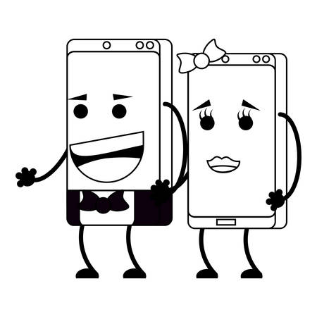Cartoon elegant couple of smartphones over white background, vector illustrationのイラスト素材