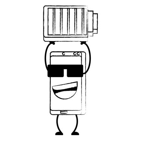 Cartoon smartphone with sunglasses and battery icon over white background, vector illustrationのイラスト素材