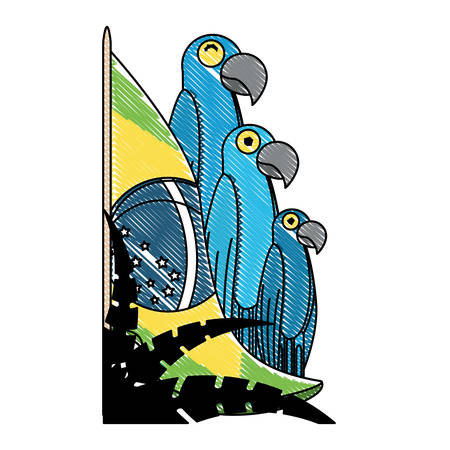 Brazilian flag with macaw birds over white background, vector illustrationのイラスト素材