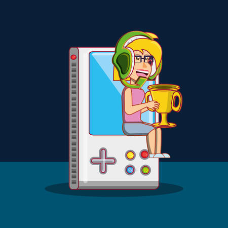 portable video game and girl with trophy icon over blue background, colorful design. vector illustrationのイラスト素材