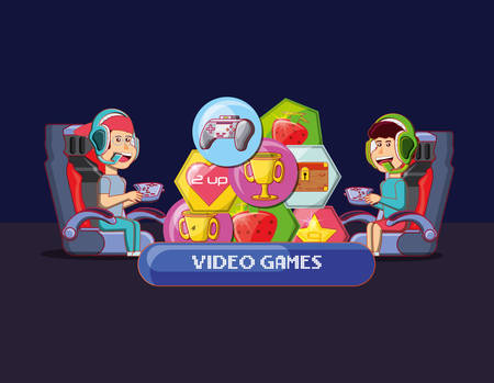 cartoon kids with video games related icons over black background, colorful design. vector illustrationのイラスト素材