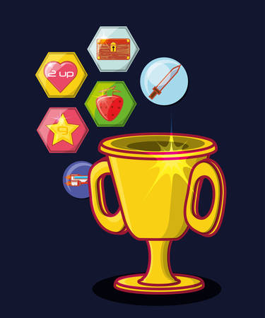 trophy cup with video game related icons over blue background, colorful design. vector illustrationのイラスト素材