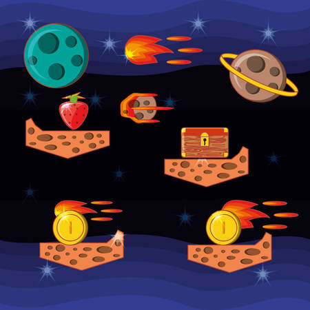 Video game interface with coins and chest box over space background, colorful design. vector illustrationのイラスト素材