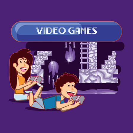 Cartoon happy kids playing video games over purple background, colorful design. vector illustrationのイラスト素材