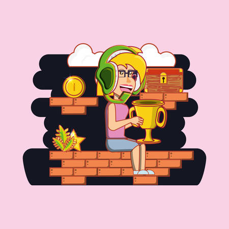 cartoon girl playing video games over pink background, colorful design. vector illustrationのイラスト素材