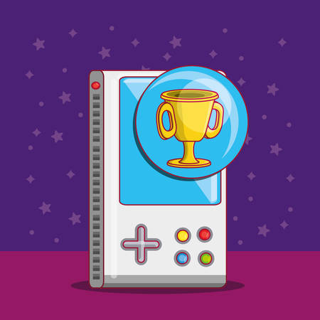 portable video game with trophy cup icon over purple background, colorful design. vector illustrationのイラスト素材