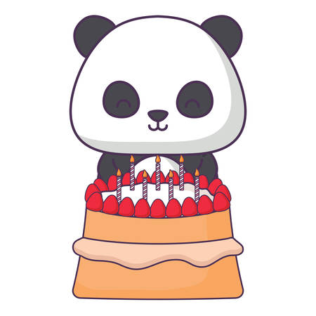 cute panda bear with birthday cake over white background, vector illustrationのイラスト素材