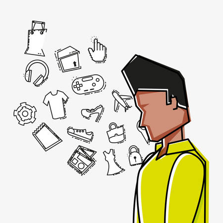 man avatar with online shopping icons pop art style vector illustration designのイラスト素材