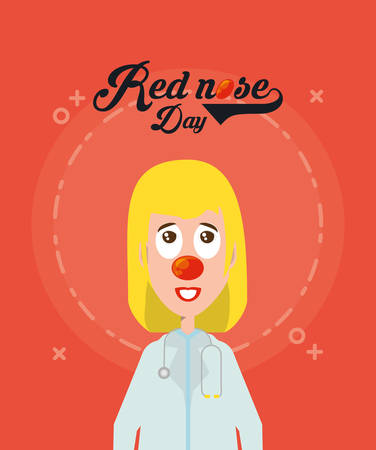 Red nose day design with cartoon woman doctor with clown costume over red background, colorful design. vector illustrationのイラスト素材