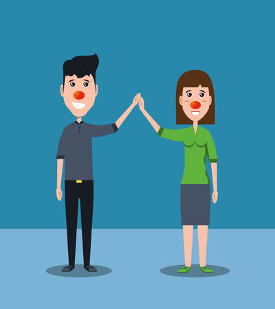 cartoon happy man and woman with red noses over blue background, colorful design. vector illustrationのイラスト素材