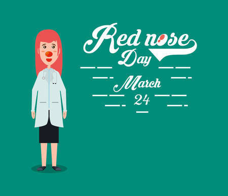 Red nose day design with cartoon woman doctor with red nose over green background, colorful design. vector illustrationのイラスト素材