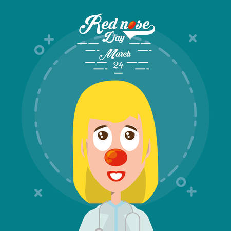 Red nose day design with cartoon woman doctor with clown costume over blue background, colorful design. vector illustrationのイラスト素材