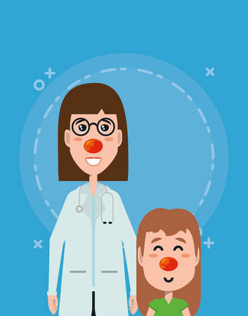 cartoon woman doctor and girl with red noses over blue background, colorful design. vector illustrationのイラスト素材