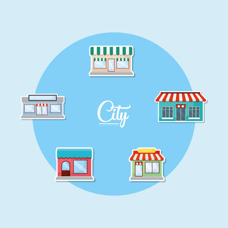 icon set of city stores over blue background, colorful design. vector illustrationのイラスト素材