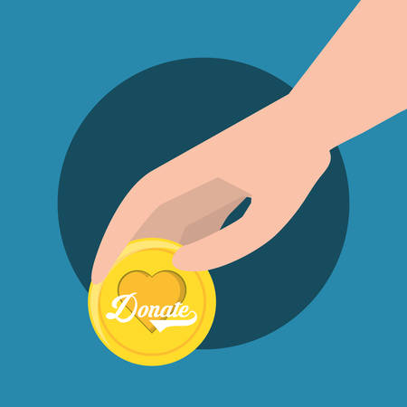 hand holding a donate coin icon over blue background, colorful design. vector illustrationのイラスト素材