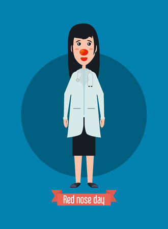 Red nose day design with cartoon woman doctor with red nose over blue background, colorful design. vector illustrationのイラスト素材