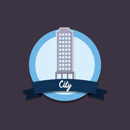 emblem with decorative ribbon and city building icon over blue background, colorful design. vector illustrationのイラスト素材