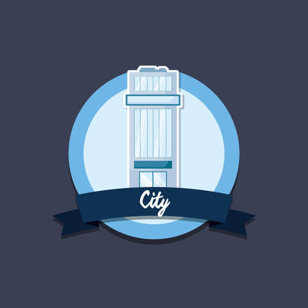 emblem with decorative ribbon and city building icon over blue background, colorful design. vector illustrationのイラスト素材
