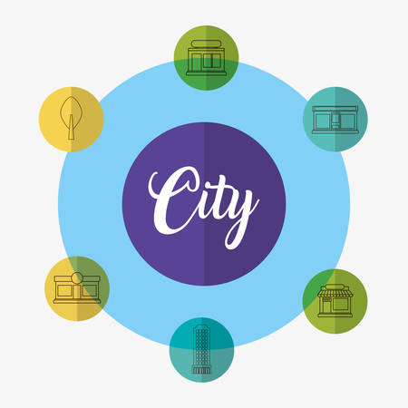 icon set of city elements over colorful circles and white background,  vector illustrationのイラスト素材