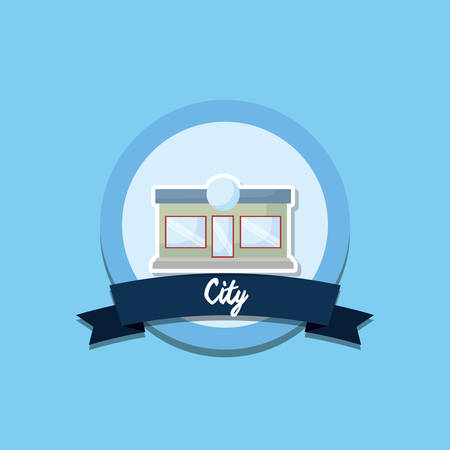 emblem with decorative ribbon and store icon over blue background, colorful design. vector illustrationのイラスト素材