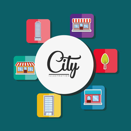 icon set of city elements over colorful squares and  green background, vector illustrationのイラスト素材