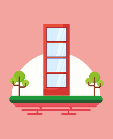city building and trees over red background, colorful design. vector illustrationのイラスト素材