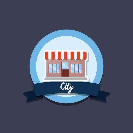 emblem with decorative ribbon and store icon over blue background, colorful design. vector illustrationのイラスト素材