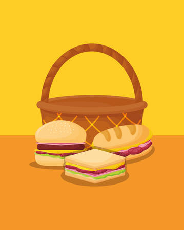 picnic food design with basket with sandwichs over yellow background, colorful design. vector illustrationのイラスト素材