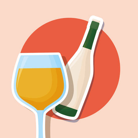 wine bottle and glass over orange background, colorful design. vector illustrationのイラスト素材