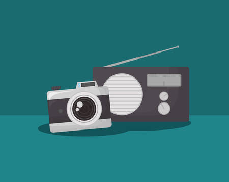 photographic camera and radio over blue background, colorful design. vector illustrationのイラスト素材