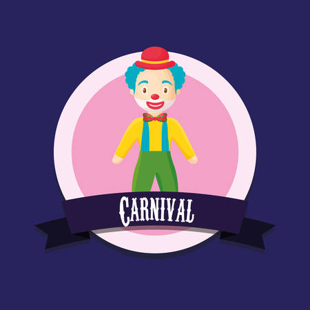 emblem of carnival concept  with cartoon clown icon over purple background, colorful design. vector illustrationのイラスト素材