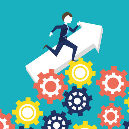 businessman running for the success on colorful gear wheels over blue background, vector illustrationのイラスト素材