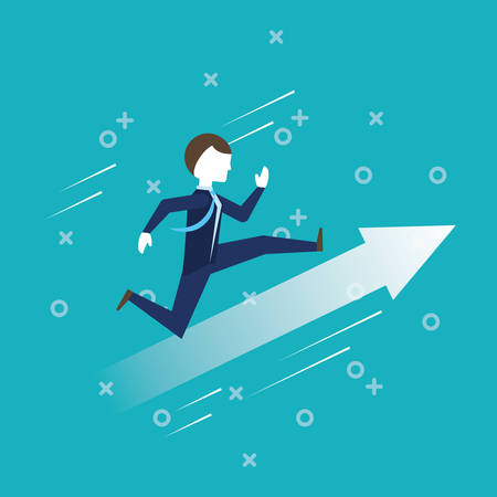businessman running on the arrow for the success over blue background, colorful design vector illustrationのイラスト素材
