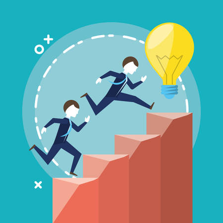 businessmen running and bulb over blue background, colorful design. vector illustrationのイラスト素材