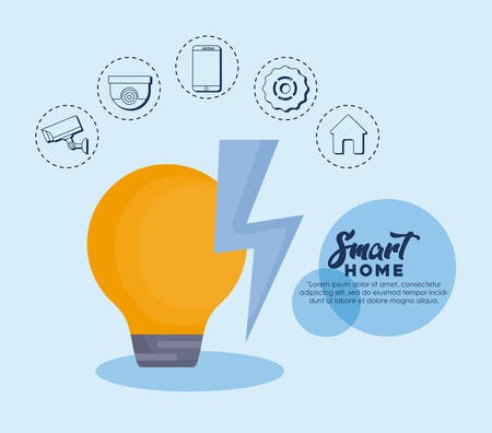 smart home design with light bulb and related icons around over blue background, colorful design. vector illustrationのイラスト素材