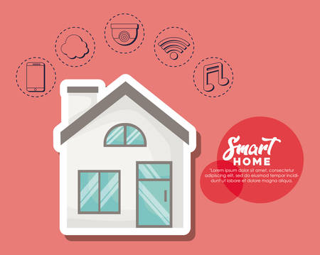 Modern house with smart home related icons over red background, colorful design. vector illustrationのイラスト素材