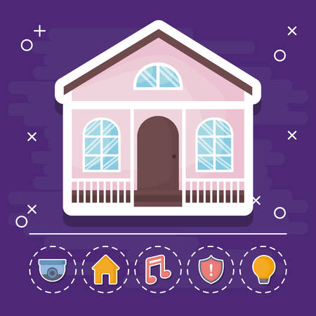 modern house icon with smart house related icons over purple background, colorful design. vector illustrationのイラスト素材