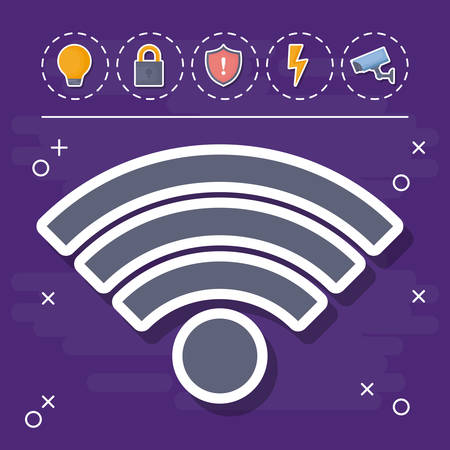 wifi with smart house related icons over purple background, colorful design. vector illustrationのイラスト素材