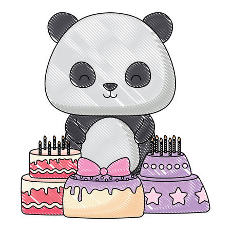 Cute panda bear with birthday cakes over white background, vector illustrationのイラスト素材