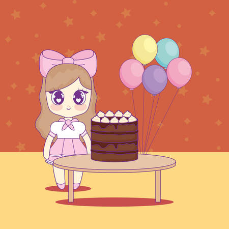cute kawaii girl with cake birthday card vector illustration designのイラスト素材