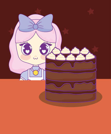cute kawaii girl with cake birthday card vector illustration designのイラスト素材