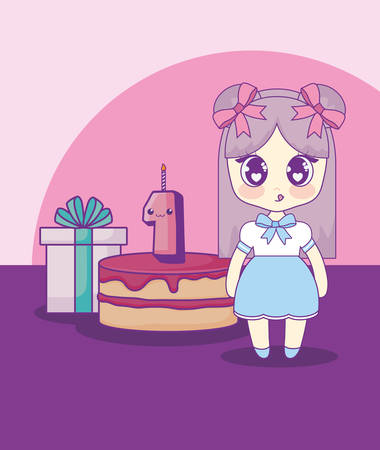 cute kawaii girl with cake birthday card vector illustration designのイラスト素材