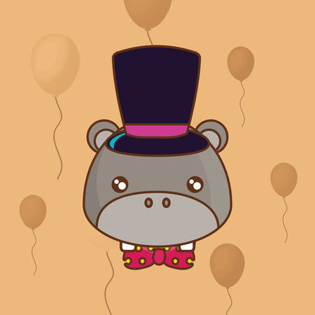 cute hippopotamus with top hat over orange background, colorful line design. vector illustrationのイラスト素材