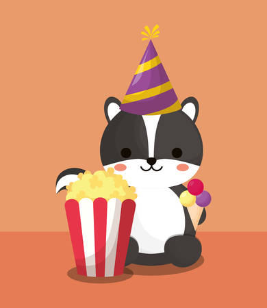 carnival circus design with skunk with party hat over orange background, colorful design. vector illustrationのイラスト素材