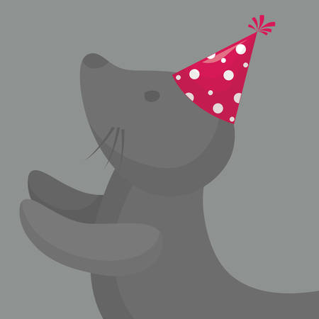 cute seal with party hat over gray background, colorful design. vector illustrationのイラスト素材