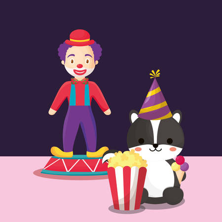 Carnival circus design with clown and skunk with pop corn over black background, colorful design. vector illustrationのイラスト素材