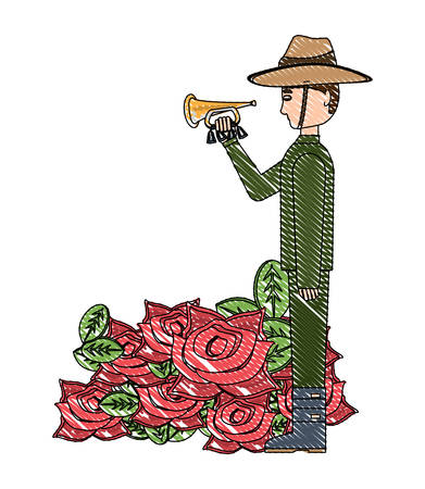 Anzac day design with poppy flowers and soldier blowing trumpet over white background, vector illustrationのイラスト素材